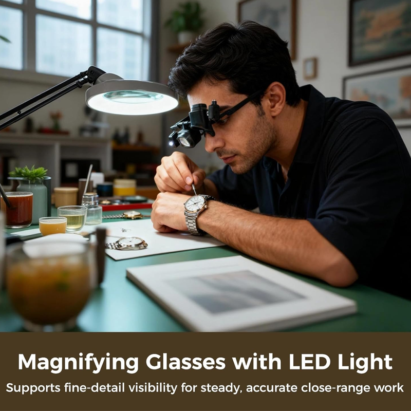🔬✨ Præcisions-LED-forstørrelsesbriller – udskiftelige glas, dobbelt LED, håndfri 💡