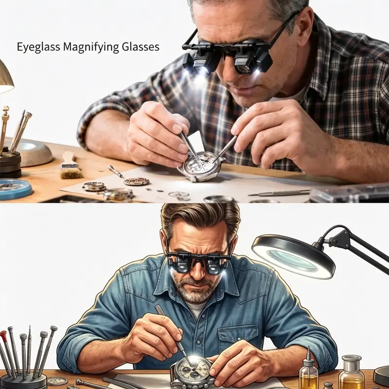 🔬✨ Præcisions-LED-forstørrelsesbriller – udskiftelige glas, dobbelt LED, håndfri 💡