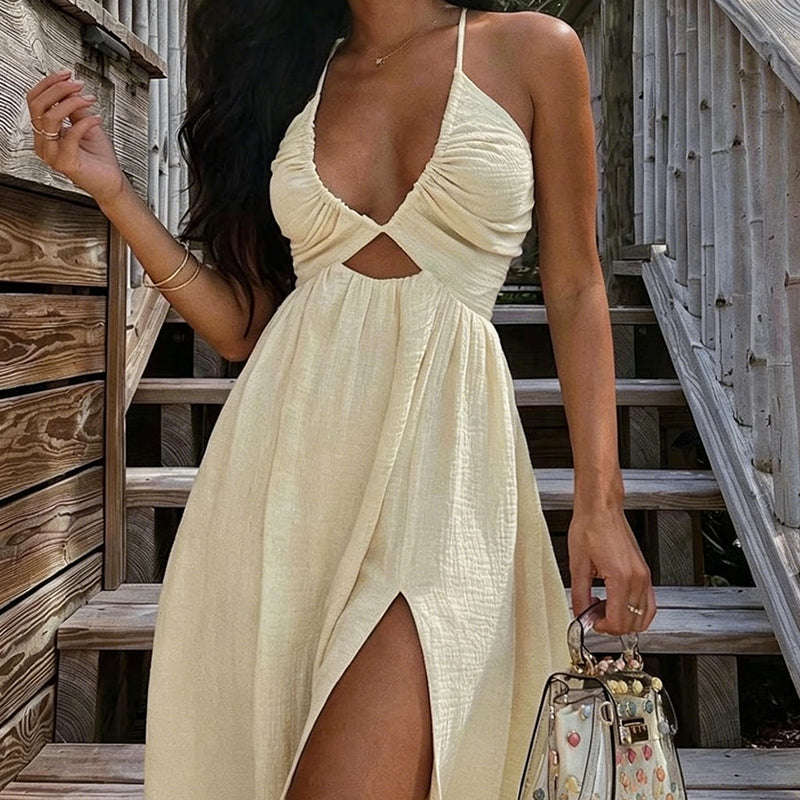 👗 50 % RABAT I BEGRÆNSET PERIODE! ✨ Sexet maxi-kjole til kvinder med V-udskæring til sommeren – dyb V-udskæring, udskæring foran, høj slids, åben ryg ☀️