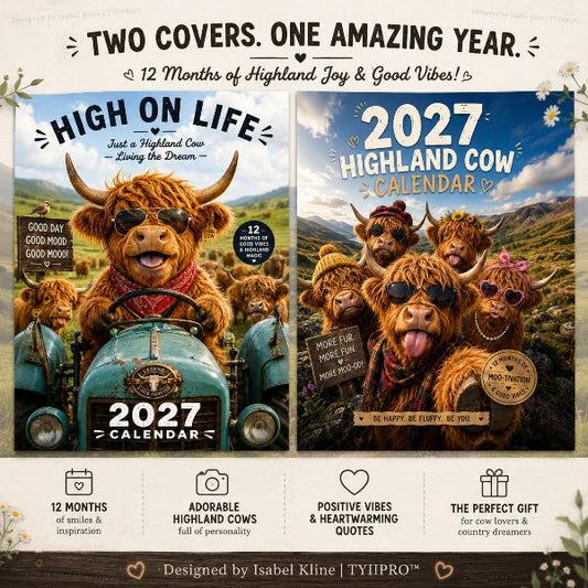 2027 Highlandko vægkalender – Sjov A4-kalender til hjemmet | Designet af Isabel Kline