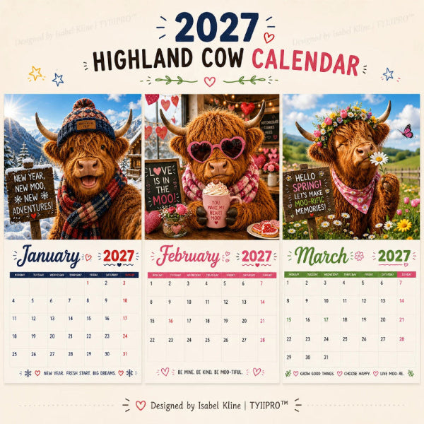 2027 Highlandko vægkalender – Sjov A4-kalender til hjemmet | Designet af Isabel Kline