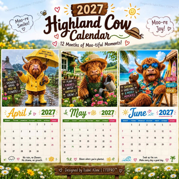 2027 Highlandko vægkalender – Sjov A4-kalender til hjemmet | Designet af Isabel Kline