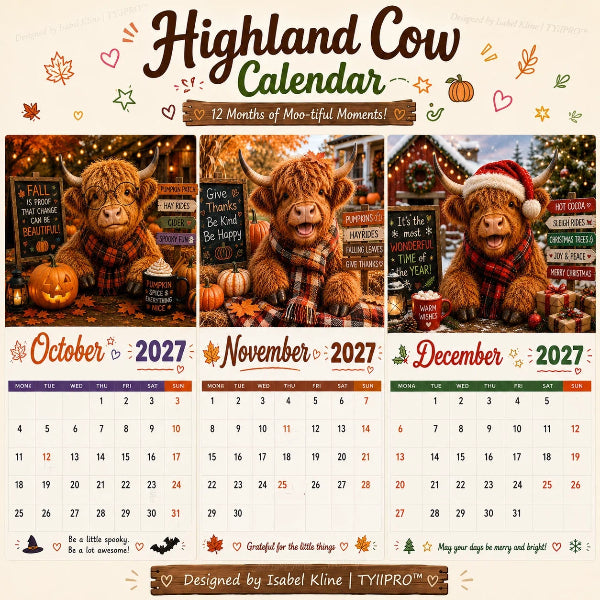 2027 Highlandko vægkalender – Sjov A4-kalender til hjemmet | Designet af Isabel Kline