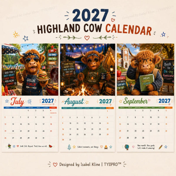 2027 Highlandko vægkalender – Sjov A4-kalender til hjemmet | Designet af Isabel Kline