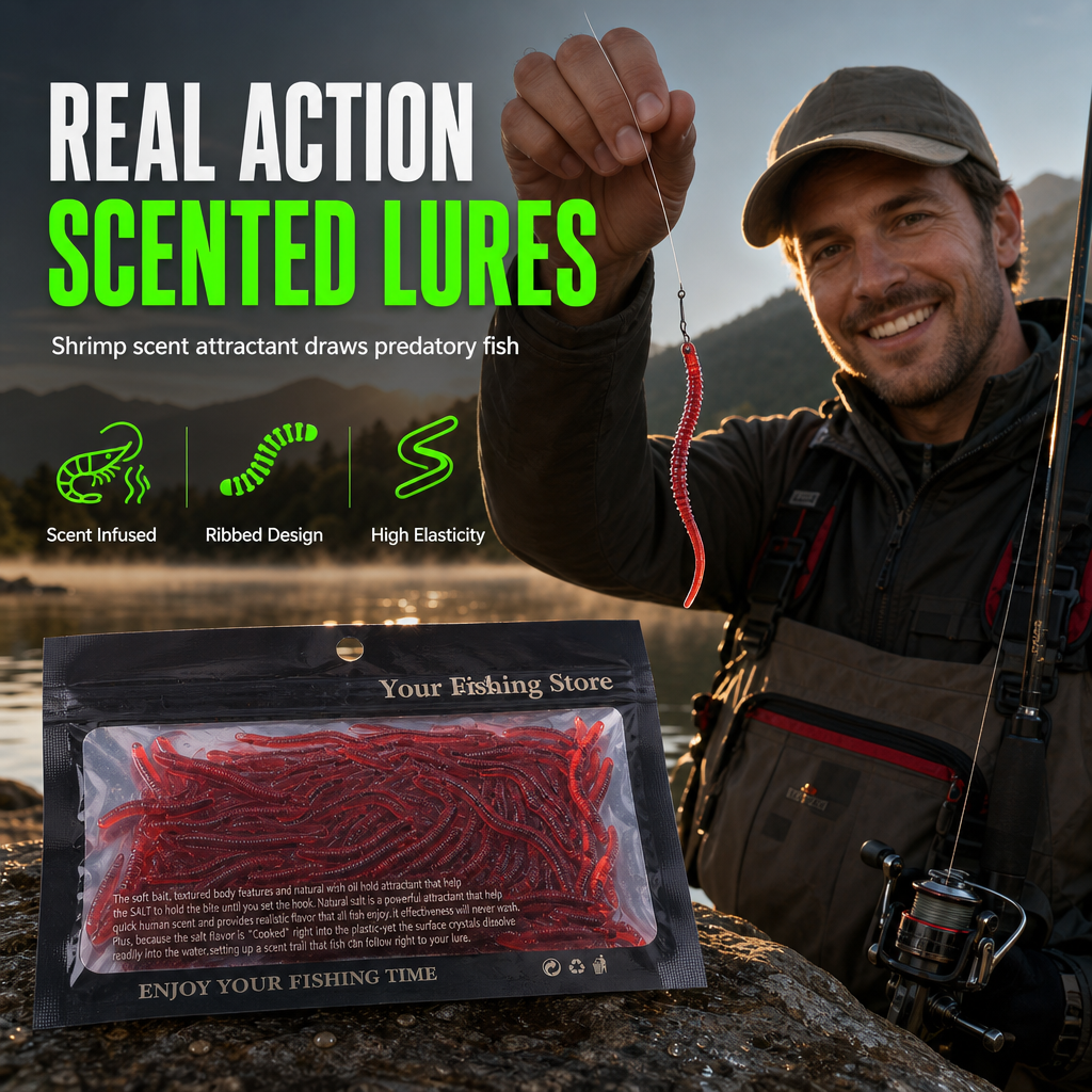 🎣 50 % RABAT I BEGRÆNSET PERIODE! ✨ Simulerede bløde fiskekroge i form af regnorm – duftende, naturtro, holdbare 🌊