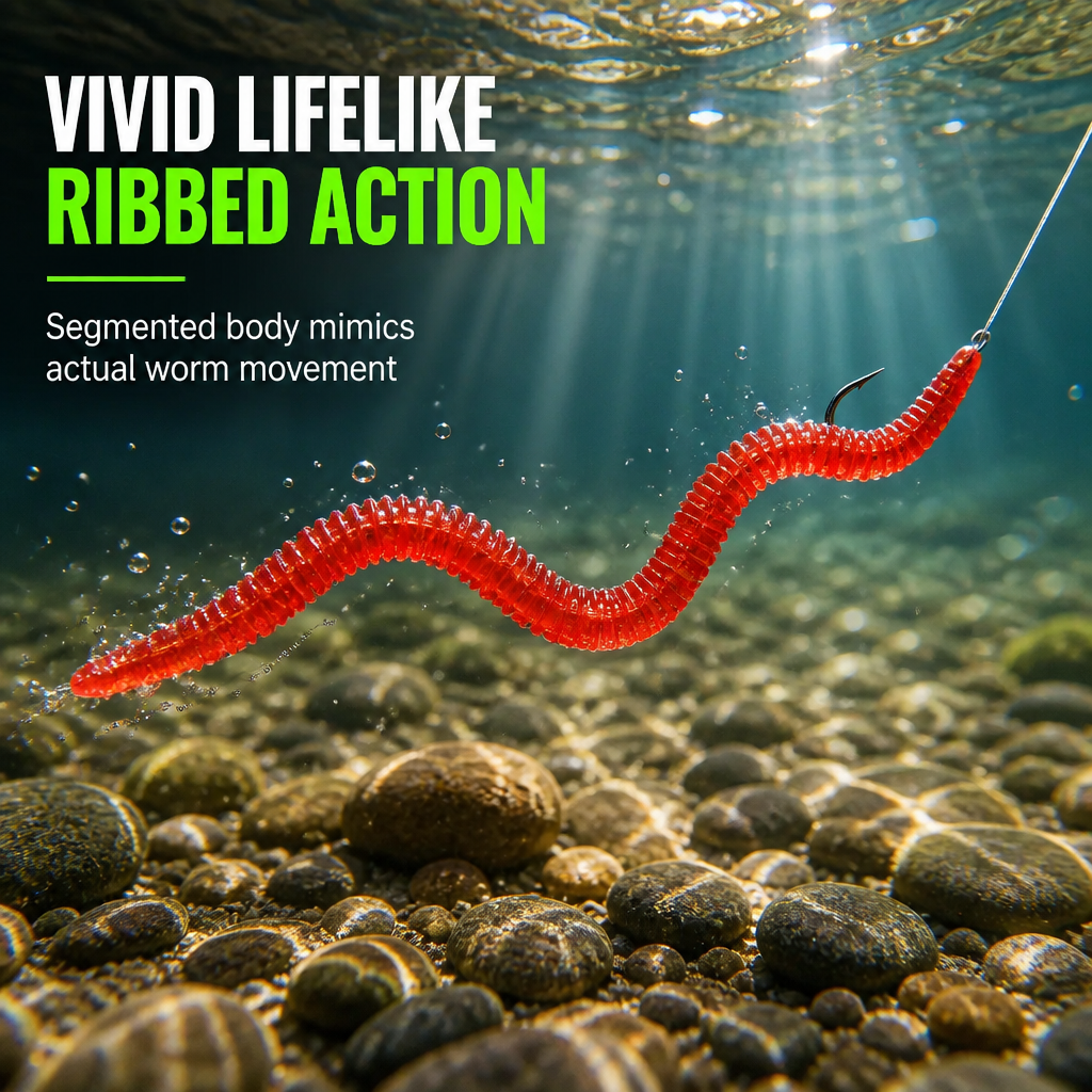 🎣 50 % RABAT I BEGRÆNSET PERIODE! ✨ Simulerede bløde fiskekroge i form af regnorm – duftende, naturtro, holdbare 🌊