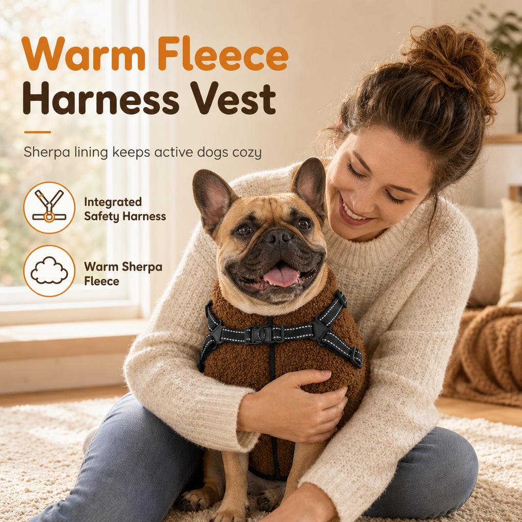 💥 Varm vinterjakke til hunde med refleksstriber og brystrem – Blød teddyfleeceisolering, dobbelt metal-D-ring sikkerhedsbrystrem, refleksstriber for synlighed om natten, hudvenligt strækstof – Størrelser S-XL, velegnet til små og mellemstore hunde 🐶❄️
