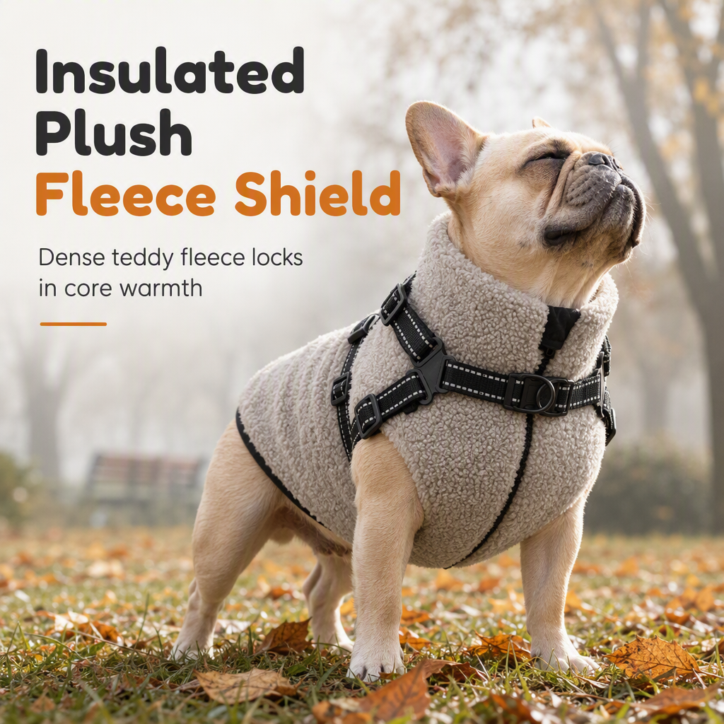 💥 Varm vinterjakke til hunde med refleksstriber og brystrem – Blød teddyfleeceisolering, dobbelt metal-D-ring sikkerhedsbrystrem, refleksstriber for synlighed om natten, hudvenligt strækstof – Størrelser S-XL, velegnet til små og mellemstore hunde 🐶❄️