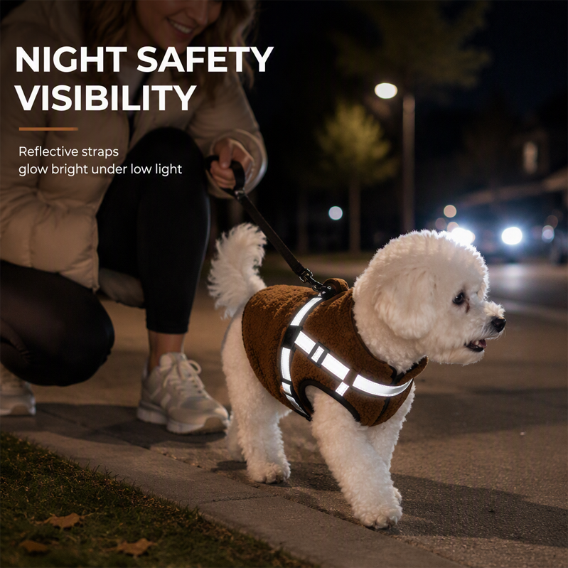 💥 Varm vinterjakke til hunde med refleksstriber og brystrem – Blød teddyfleeceisolering, dobbelt metal-D-ring sikkerhedsbrystrem, refleksstriber for synlighed om natten, hudvenligt strækstof – Størrelser S-XL, velegnet til små og mellemstore hunde 🐶❄️