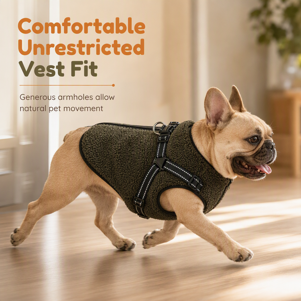 💥 Varm vinterjakke til hunde med refleksstriber og brystrem – Blød teddyfleeceisolering, dobbelt metal-D-ring sikkerhedsbrystrem, refleksstriber for synlighed om natten, hudvenligt strækstof – Størrelser S-XL, velegnet til små og mellemstore hunde 🐶❄️