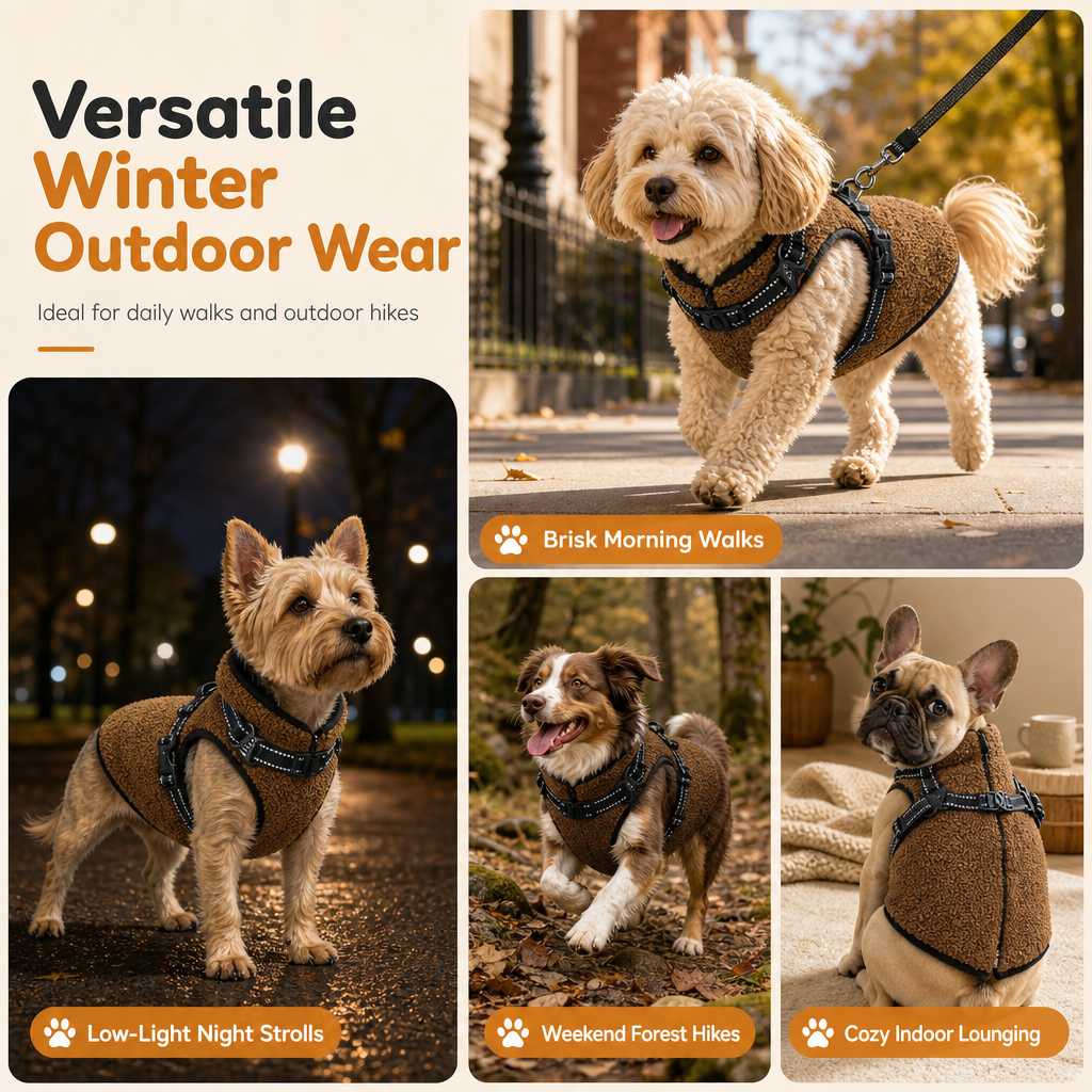 💥 Varm vinterjakke til hunde med refleksstriber og brystrem – Blød teddyfleeceisolering, dobbelt metal-D-ring sikkerhedsbrystrem, refleksstriber for synlighed om natten, hudvenligt strækstof – Størrelser S-XL, velegnet til små og mellemstore hunde 🐶❄️