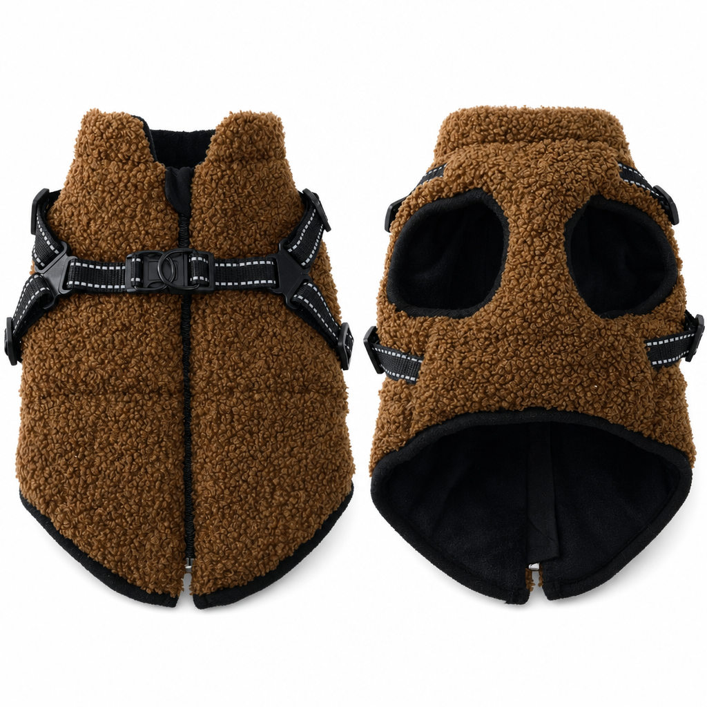 💥 Varm vinterjakke til hunde med refleksstriber og brystrem – Blød teddyfleeceisolering, dobbelt metal-D-ring sikkerhedsbrystrem, refleksstriber for synlighed om natten, hudvenligt strækstof – Størrelser S-XL, velegnet til små og mellemstore hunde 🐶❄️