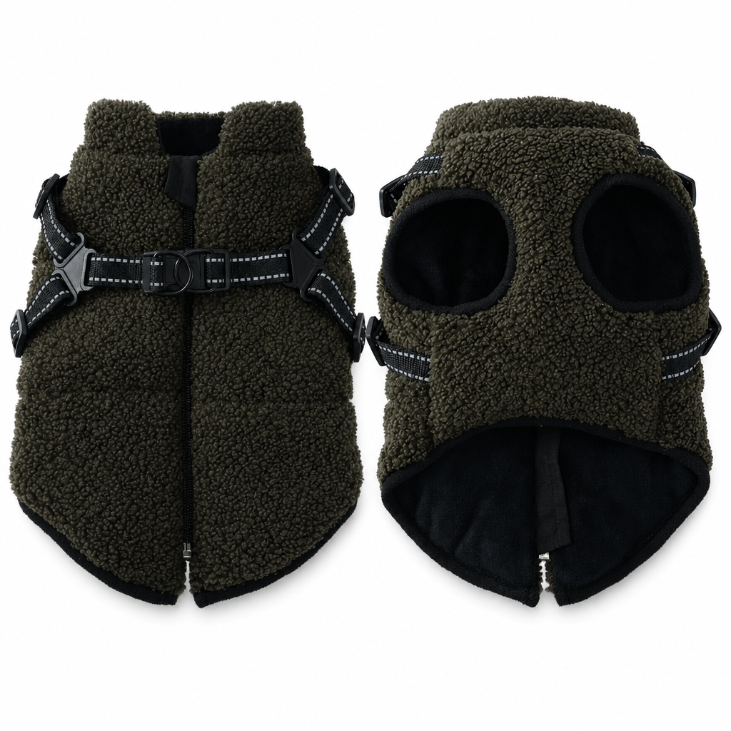 💥 Varm vinterjakke til hunde med refleksstriber og brystrem – Blød teddyfleeceisolering, dobbelt metal-D-ring sikkerhedsbrystrem, refleksstriber for synlighed om natten, hudvenligt strækstof – Størrelser S-XL, velegnet til små og mellemstore hunde 🐶❄️