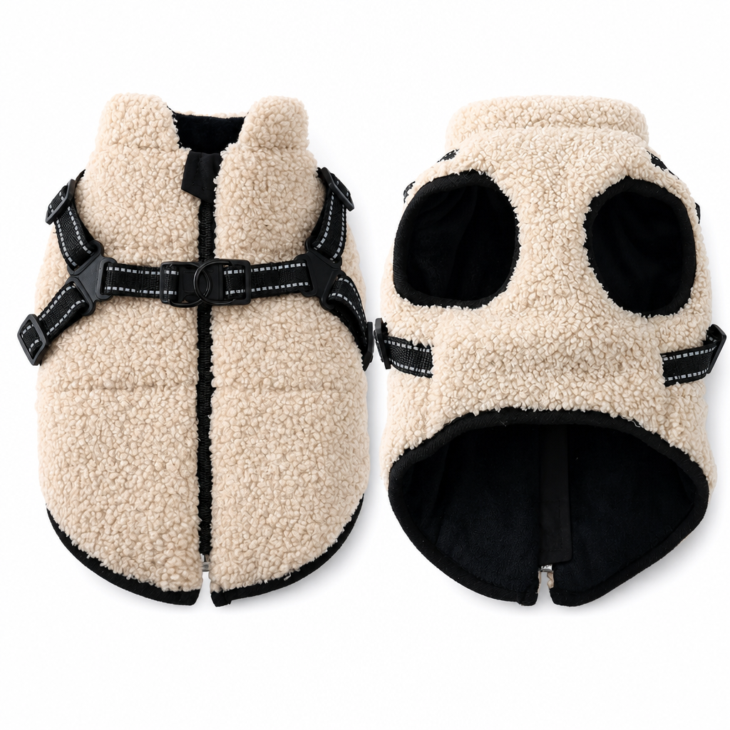 💥 Varm vinterjakke til hunde med refleksstriber og brystrem – Blød teddyfleeceisolering, dobbelt metal-D-ring sikkerhedsbrystrem, refleksstriber for synlighed om natten, hudvenligt strækstof – Størrelser S-XL, velegnet til små og mellemstore hunde 🐶❄️